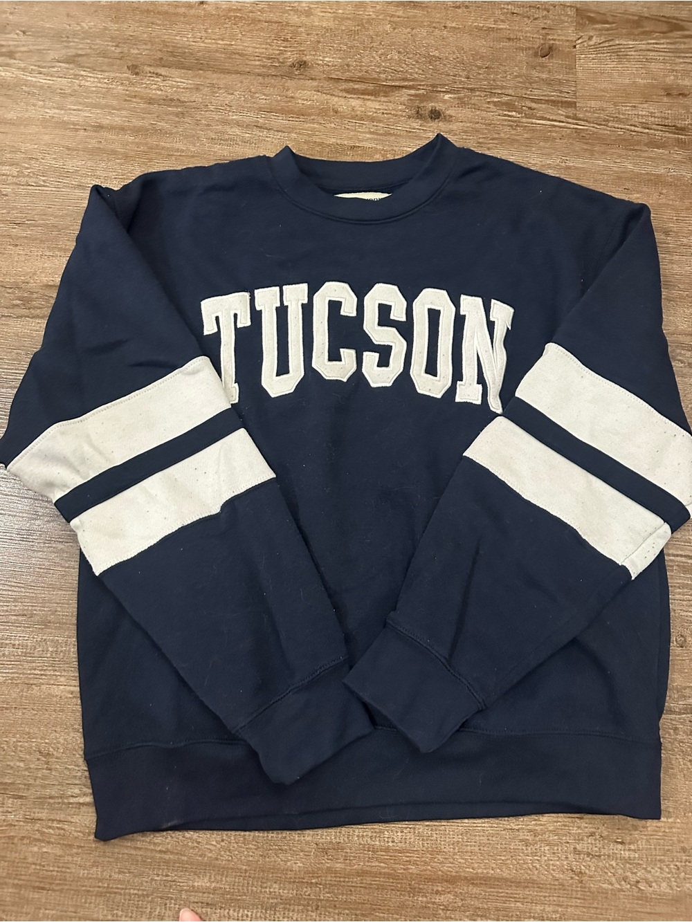 Navy Tucson Crewneck Sweater with White Sleeve Stripes
